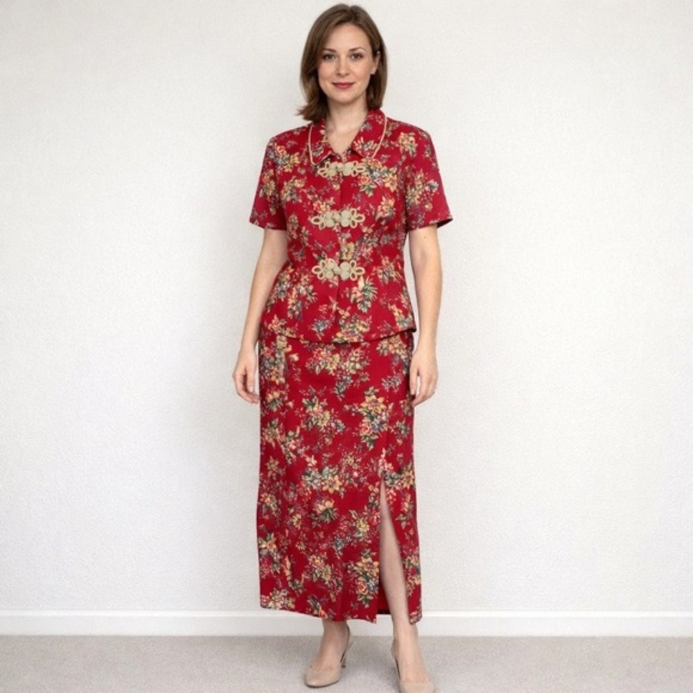 Vintage Donna Morgan Blazer Skirt Set SZ 12 Red Floral Frog Closures Orientalism